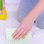 Cleaning carpet with cloth and sprayer close up